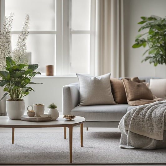 A serene and tidy living room with a few, carefully selected decorative items, a minimalist coffee table, and a single, potted plant, set against a calm, creamy white background.