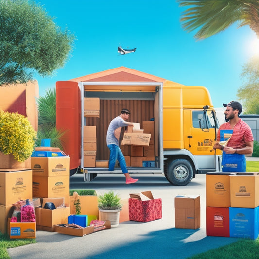 A warm and colorful illustration of a person surrounded by moving boxes, holding a refreshing summer drink, with a sunny backyard and a moving truck in the background.