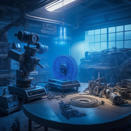 A futuristic, dimly lit workshop with a 3D printer at its center, surrounded by scattered blueprints, gears, and machinery parts, with a half-built robotic arm and a glowing, swirling vortex in the background.