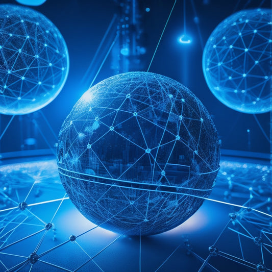 A futuristic illustration of interconnected nodes and spheres in shades of blue, representing a global business network, with blockchain-inspired patterns and circuits in the background, surrounded by subtle LED lights.