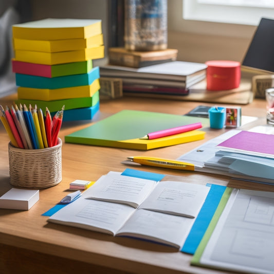 A clutter-free desk with a neatly organized stack of colorful flashcards, a pensively placed pencil, and a partially filled-out mind map on a crisp white sheet of paper, surrounded by a few strategically placed sticky notes.