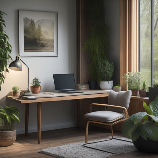 A serene, modern home office with a tidy desk, a few neatly labeled folders, and a sleek laptop, surrounded by calm, natural elements like plants and a subtle wooden backdrop.