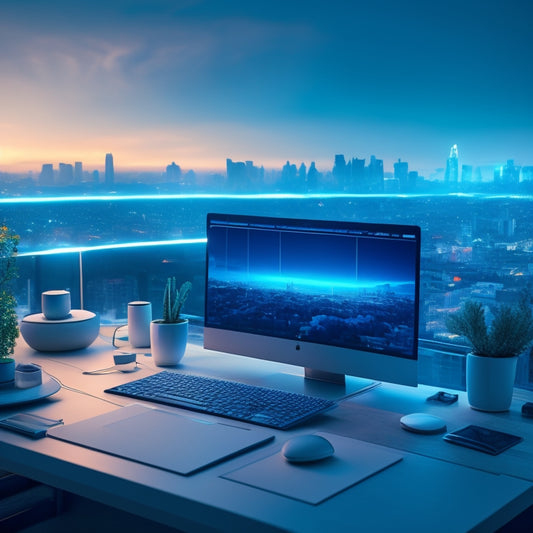 A futuristic, minimalist desk with a sleek laptop, surrounded by swirling clouds of organized files and folders, with glowing blue lines and nodes connecting them, amidst a subtle cityscape background.