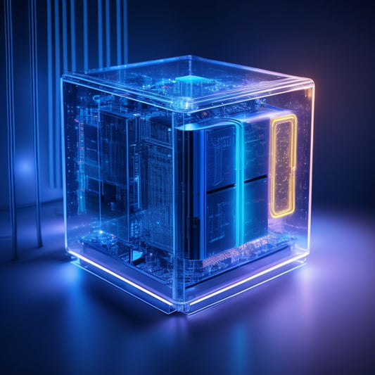 A futuristic, minimalist illustration featuring a large, transparent cube divided into sections, each containing a different data storage device (hard drive, SSD, cloud symbol, etc.), surrounded by glowing circuits and wires.