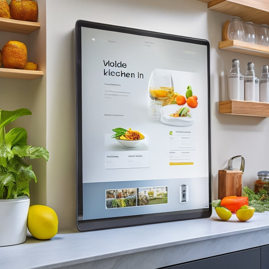 A sleek, modern kitchen with a large, touchscreen tablet mounted on a wall, displaying a vibrant, colorful recipe with step-by-step images and ingredients listed in a clean, minimalist font.