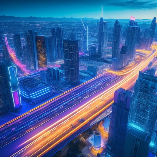 A futuristic, neon-lit cityscape with sleek, geometric skyscrapers, each representing a microlearning platform, connected by glowing, swirling pathways symbolizing seamless knowledge sharing.