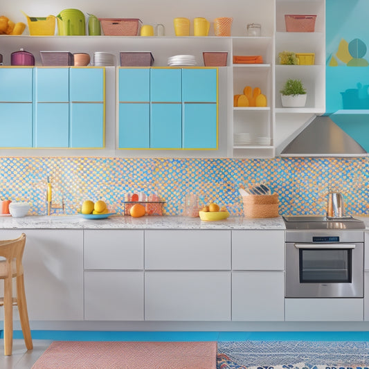 A bright, modern kitchen with sleek countertops, white cabinets, and stainless steel appliances, featuring an array of colorful, patterned storage bins, baskets, and canisters in geometric shapes and playful designs.