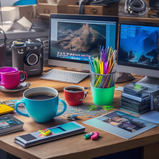 A cluttered desk with a laptop, surrounded by scattered papers, empty coffee cups, and tangled cords, with a miniature digital file cabinet overflowing with colorful folders and icons in the background.
