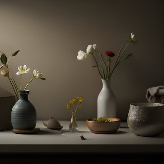 A dimly lit, cluttered room with piles of dusty boxes, tangled cords, and forgotten trinkets, contrasted with a small, serene, and minimalist corner featuring a single, delicate flower in a simple vase.
