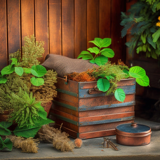 A worn, rusty metal bin with a broken lid, surrounded by scattered tools and scraps, transforms into a repurposed, distressed wooden storage crate adorned with copper hardware and lush greenery.