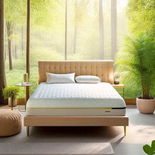 A serene, minimalist bedroom with a plush, Radiance Collection mattress at its center, adorned with soft, golden lighting, and surrounded by calming, creamy hues and lush greenery.