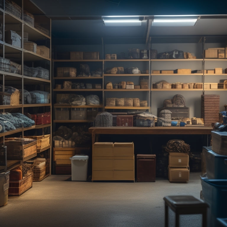 A dimly lit, cluttered storage room with old, worn-out shelves in the background, and a single, sleek, modern shelf in the foreground, with a few strategically placed, stylish storage bins.