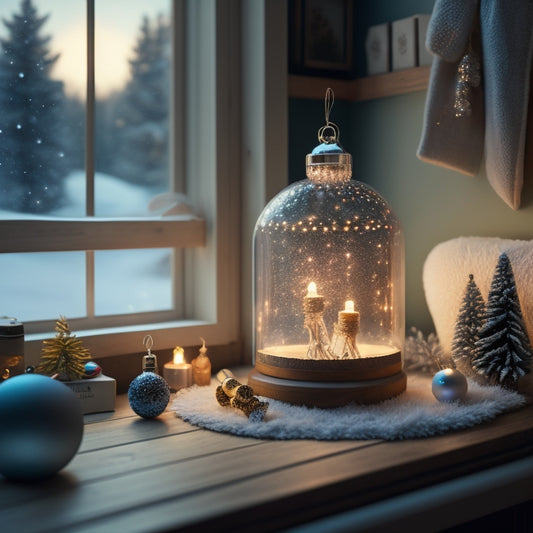 A serene, snow-globe-inspired scene featuring a tidy, minimalist holiday decor storage room with labeled bins, a pegboard with hooks, and a few perfectly placed, glowing string lights.