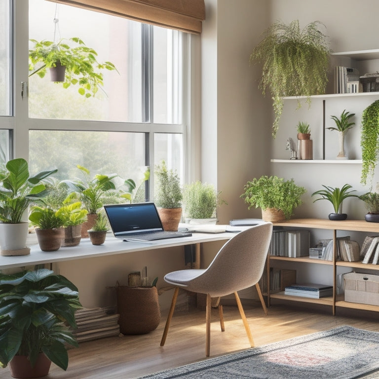 A serene, clutter-free living room with a laptop on a minimalist desk, surrounded by organized shelves and a few, carefully-placed, thriving plants, bathed in soft, natural light.
