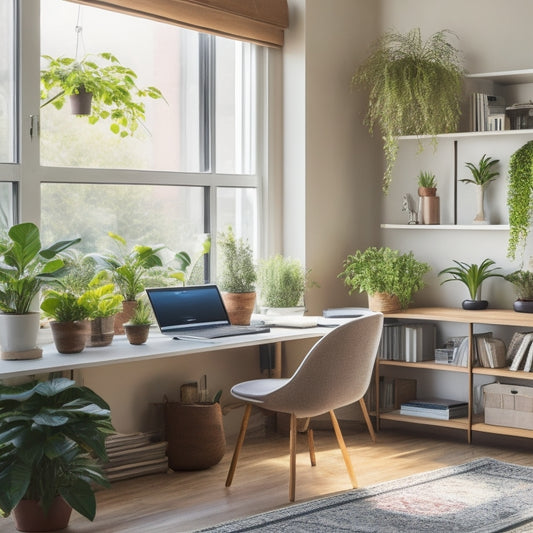 A serene, clutter-free living room with a laptop on a minimalist desk, surrounded by organized shelves and a few, carefully-placed, thriving plants, bathed in soft, natural light.