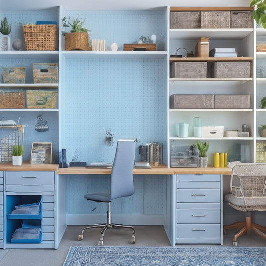 A clutter-free, modern home office with a pegboard adorned with hooks, baskets, and bins, surrounded by a labeled shelving unit, a tidy desk, and a floor-to-ceiling storage cabinet.