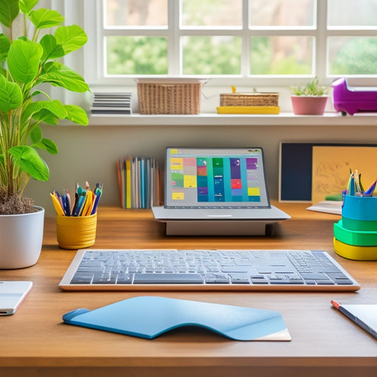 A colorful, clutter-free desk with a laptop open to a digital planner, surrounded by neatly arranged pens, pencils, and a small plant, with a subtle background of a child's bedroom.