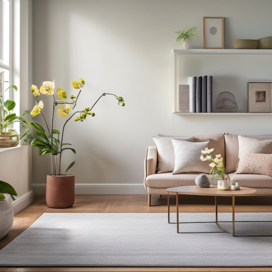A serene, minimalist living room with a few, carefully placed decorative items, surrounded by empty space, featuring a tidy bookshelf, a single, blooming orchid, and a natural fiber area rug.