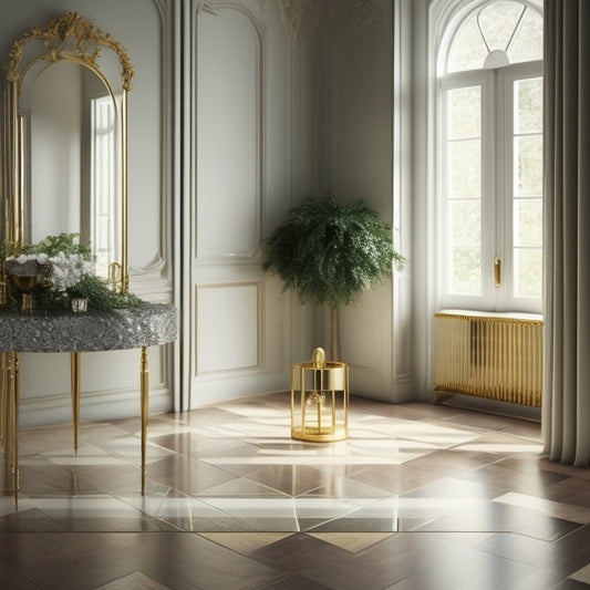 A luxurious, minimalist room with a geometric grid-patterned floor, adorned with glamorous accents like crystal chandeliers, metallic vases, and lush greenery, bathed in soft, warm golden light.