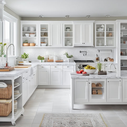 A bright, modern kitchen with sleek white cabinets, a large island, and a stainless steel refrigerator, showcasing organized utensils, cookbooks, and decorative vases on open shelves and in labeled drawers.