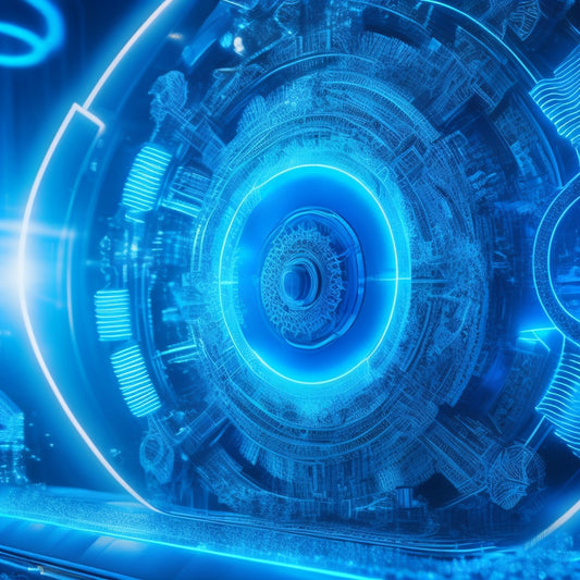 A futuristic, high-tech background with glowing blue circuits and wires, overlaid with a stylized, metallic gear or cogwheel, surrounded by swirling wind patterns and subtle, shimmering lights.
