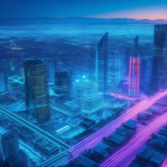 A futuristic, neon-lit cityscape with glowing blue circuits and wires weaving through skyscrapers, surrounded by orbiting spheres of light, representing quantum dots and data packets in motion.