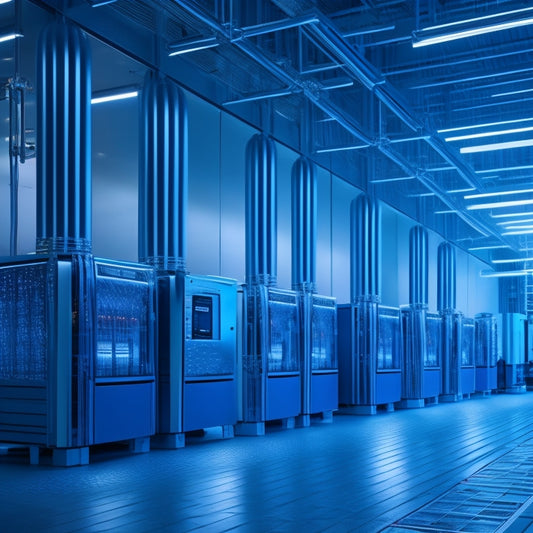 A futuristic 3D printing factory with rows of sleek, silver machines humming in unison, surrounded by a web of glowing blue tubes and wires, amidst a backdrop of dark gray metallic walls and floors.
