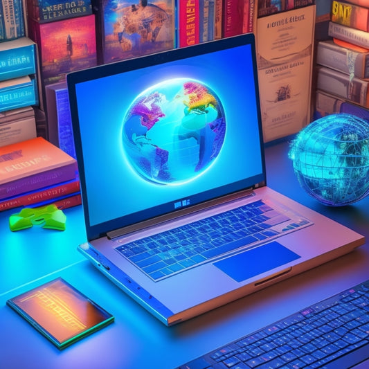 A futuristic laptop with a glowing screen displaying a stylized puzzle piece, surrounded by scattered books, a globe, and a pair of 3D glasses, set against a bright blue background with subtle circuitry patterns.