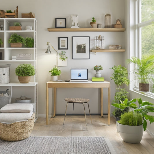A serene, organized home office with a sleek, minimalist desk, surrounded by beautifully decorated storage units, baskets, and shelves, with a few tasteful decorative items and plants in the background.