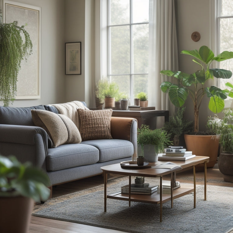 A serene, organized living room with a laptop on a tidy coffee table, surrounded by minimal, neatly arranged furniture and a few potted plants, flooded with warm, natural light.