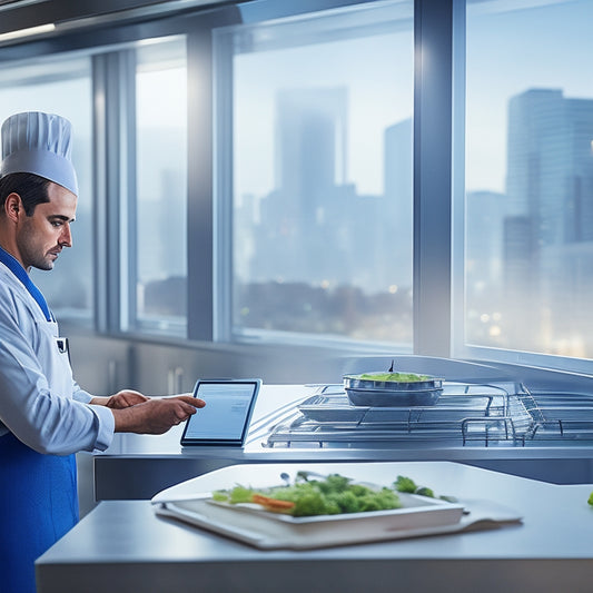 An illustration of a chef in a pristine commercial kitchen, surrounded by gleaming stainless steel appliances, holding a tablet with a checklist, while a cityscape with a government building is visible through the window.
