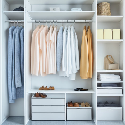 A minimalist, bright white closet with a few strategically placed shelves, a double rod, and a few clever storage bins, showcasing a sense of calm and organization.