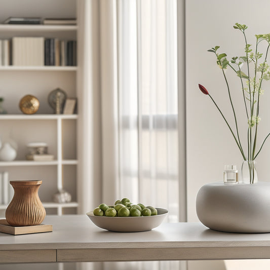 A serene, minimalist living room with a few, carefully selected decorative items, a tidy bookshelf, and a single, elegant vase on a coffee table, surrounded by a subtle, natural light.