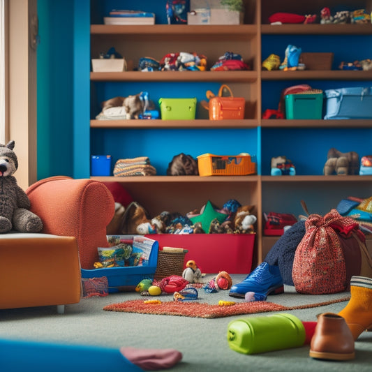 A cluttered living room with toys, shoes, and clothes scattered everywhere, contrasted with a tidy and organized space in the background featuring labeled storage bins and a sleek shelving unit.