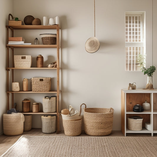 A tidy, minimalist room with a few clever storage solutions: woven baskets on shelves, a hanging organizer behind a door, and a repurposed crate as a coffee table with storage bins underneath.