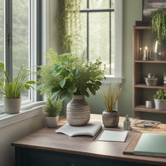 A serene, well-organized home office with a wooden desk, a few neatly labeled file folders, and a vase with fresh flowers, surrounded by calming green plants and soft natural light.