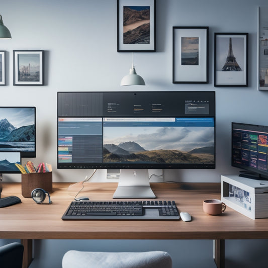 A minimalist, modern desk with multiple monitors displaying different online home organization systems, with colorful folders, labels, and calendars scattered around, surrounded by a tidy, organized room.