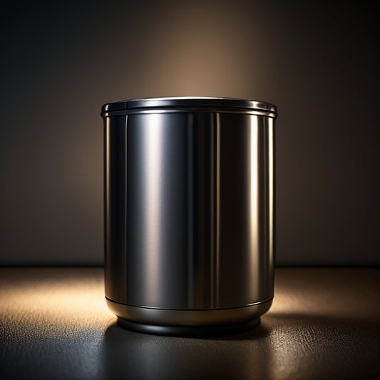 A close-up shot of a stainless steel safety can with a quick-disconnect feature, illuminated against a dark background, with a subtle reflection highlighting its metallic sheen and modern design.