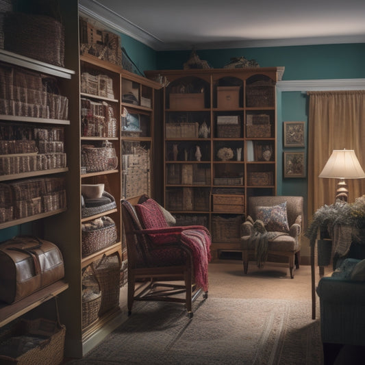 A cluttered, dimly lit senior living room with a walker in the corner, surrounded by stacked boxes and scattered belongings, contrasted with a tidy, organized space featuring adjustable shelving and accessible storage solutions.