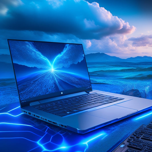 A futuristic, sleek laptop with a glowing blue circuit board pattern on its keyboard, surrounded by swirling clouds of 1s and 0s, with a subtle motherboard landscape in the background.