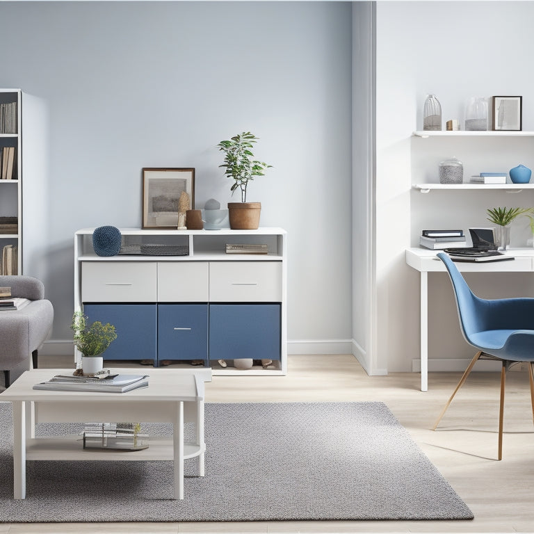 A tidy, minimalist living room with a laptop on a clutter-free desk, surrounded by organized storage bins and a few carefully placed decorative items, with a subtle background gradient of calming blue and white hues.