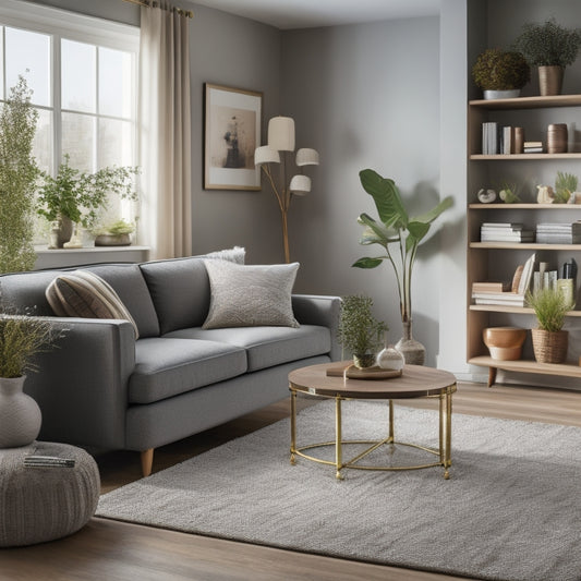 A serene, well-lit living room with a few, carefully curated decorative pieces, a minimalist bookshelf, and a plush area rug, surrounded by empty, clutter-free space.