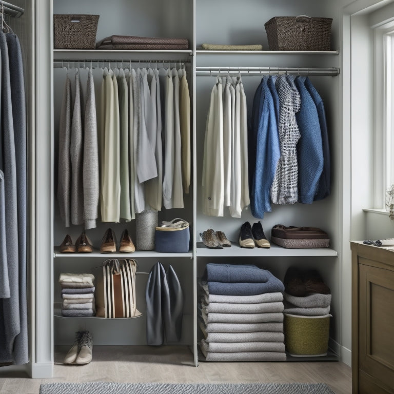 A tidy, narrow closet with two parallel rods, one above the other, holding a mix of shirts, pants, and dresses, with shoes lined up on the floor and a few baskets on a shelf above.