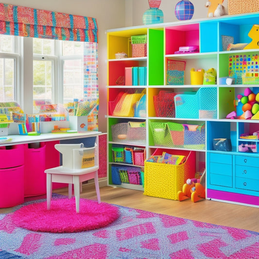 A vibrant, clutter-free playroom with a rainbow-colored pegboard, labeled bins, and a geometric-patterned rug, featuring a toy-filled, tiered shelving unit and a kid-sized desk with a fun, colorful chair.