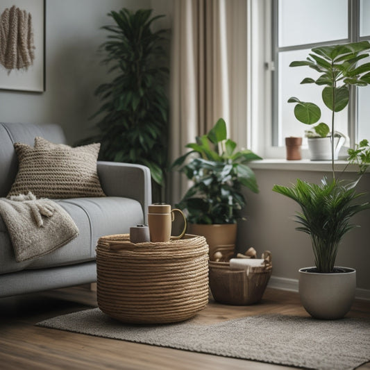 A tidy, minimalist living room with a handmade wooden bin in the corner, filled with neatly rolled blankets, surrounded by a few potted plants and a minimalist coffee table.