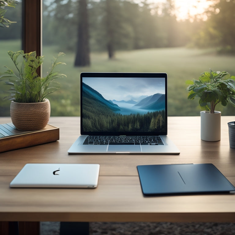 A tidy, minimalist desk with a sleek MacBook, a few carefully arranged folders, and a small, elegant paper tray, set against a calm, blurred background of a peaceful, natural environment.