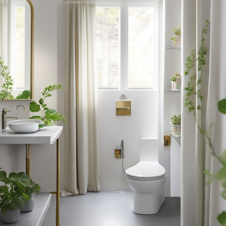 A serene, minimalist bathroom with a wall-mounted sink, compact toilet, and a shower curtain with a subtle botanical pattern, surrounded by sleek, mirrored surfaces and soft, warm lighting.