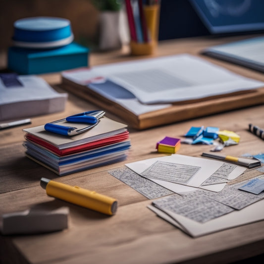 A tidy wooden desk with a small, organized stack of colorful flashcards, held together by a metal clip, surrounded by scattered, crumpled up pieces of paper and a few pens, with a subtle background blur.