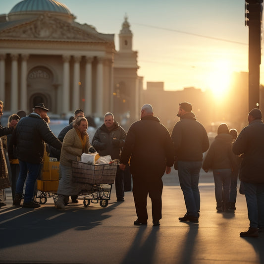 A warm, golden-lit street scene at sunset with city hall in the background, featuring a collaborative group of city officials and volunteers handing out care packages to smiling unhoused individuals.
