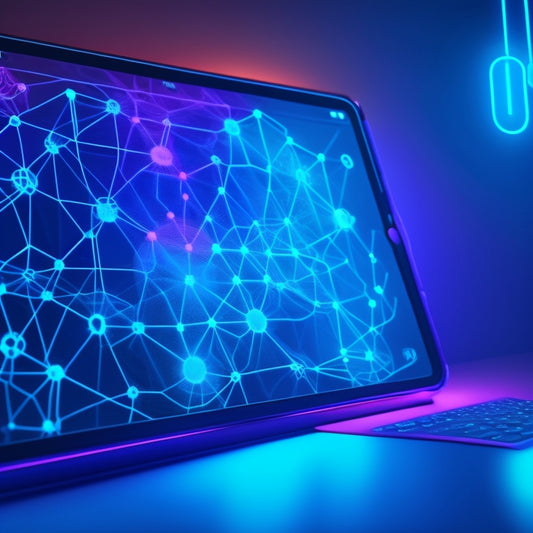 An iPad screen displaying a vibrant, interconnected mind map with glowing neon lines, colorful nodes, and 3D icons, set against a dark, gradient blue background with subtle futuristic patterns.